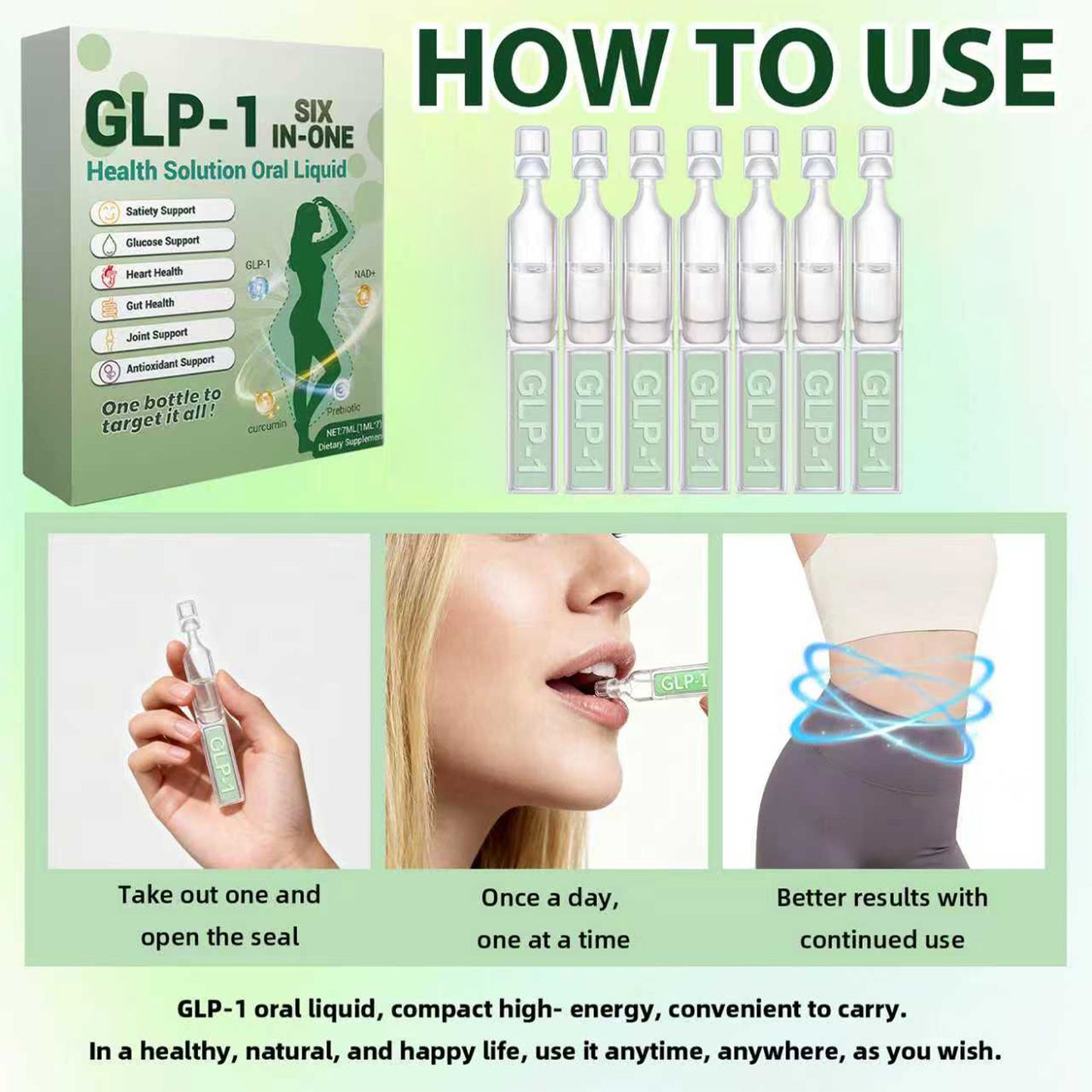 How to use Himiyer GLP-1 Six In-One Oral Liquid. Easy 3-step guide: take out one vial, open the seal, and consume once a day for effective weight management and better results.