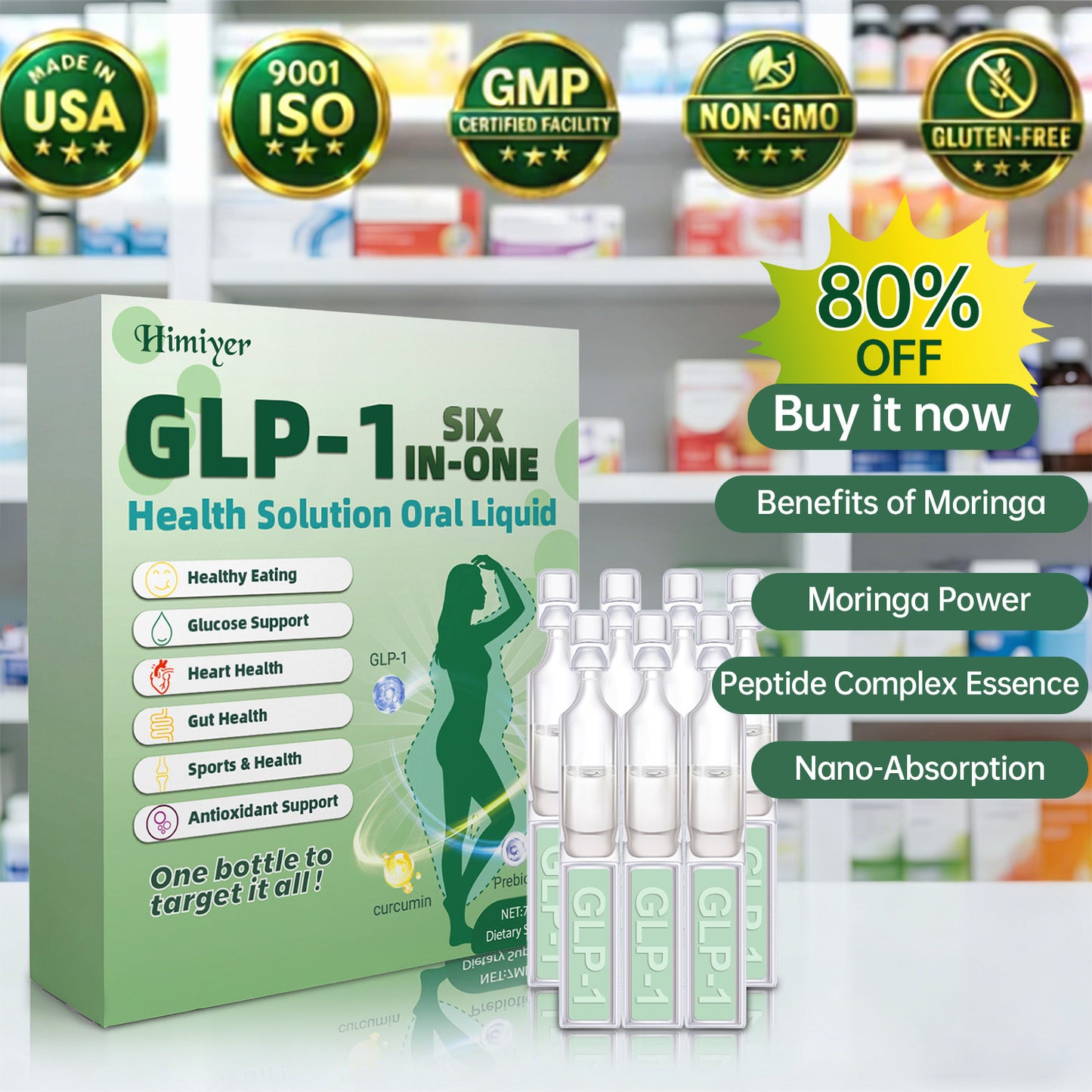Himiyer GLP-1 SIX IN-ONE Health Solution Oral Liquid dietary supplement box and vials, featuring benefits of Moringa, Peptide Complex Essence, and Nano-Absorption for glucose and gut health, with an 80% OFF Buy it now sale badge.