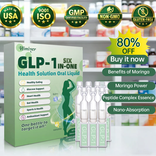 Himiyer GLP-1 SIX IN-ONE Health Solution Oral Liquid dietary supplement box and vials, featuring benefits of Moringa, Peptide Complex Essence, and Nano-Absorption for glucose and gut health, with an 80% OFF Buy it now sale badge.
