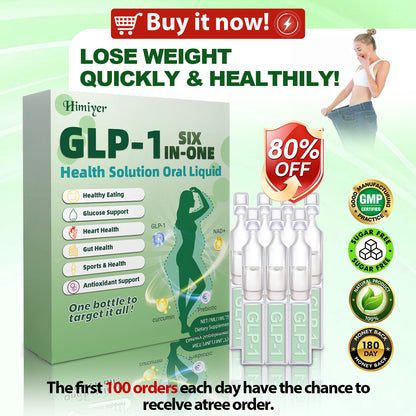 Himiyer GLP-1 Six In-One Oral Liquid promotion to lose weight quickly and healthily. Features an 80% off discount, sugar-free, 100% natural, and 180-day money-back guarantee badges. First 100 orders promotion.