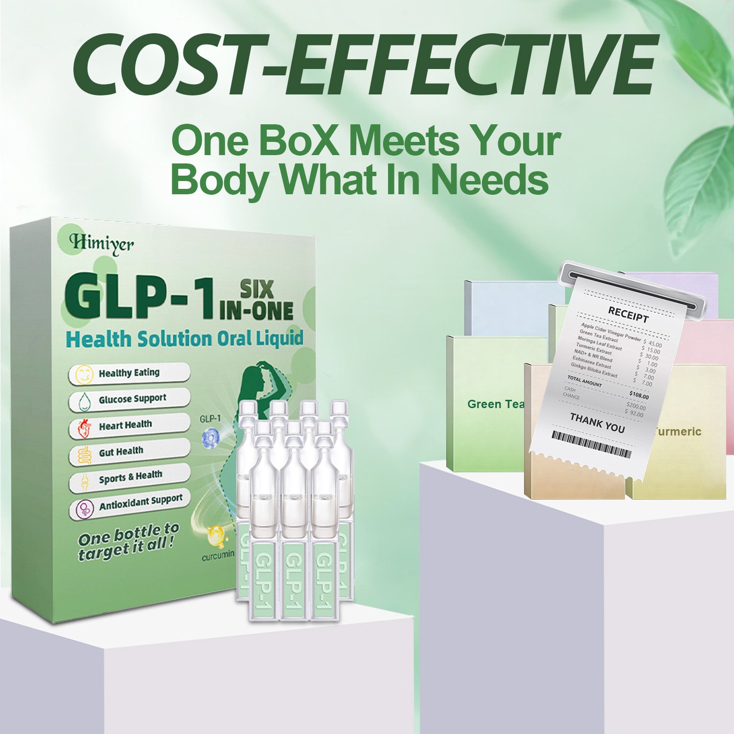 Cost-effective comparison of Himiyer GLP-1 Six In-One supplement. Shows the all-in-one GLP-1 oral liquid replacing multiple expensive single-ingredient supplements like Green Tea extract, Turmeric, and Apple Cider Vinegar.