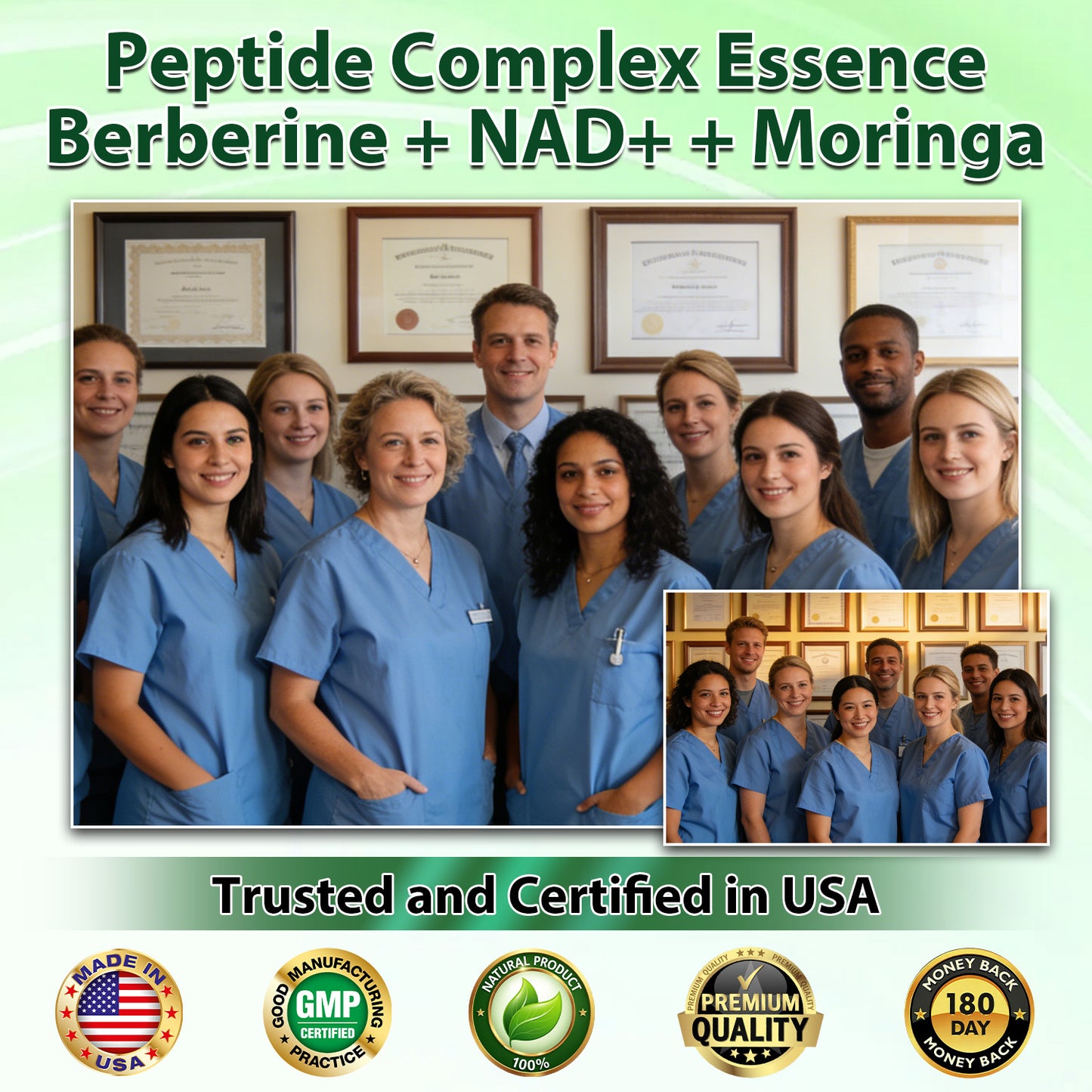 Medical professionals endorsing Himiyer GLP-1 supplement formulated with Peptide Complex Essence, Berberine, NAD+, and Moringa. Trusted and certified in USA with GMP and 180-day money-back guarantee.