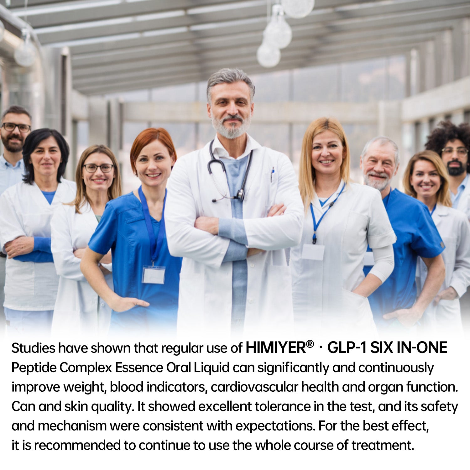 Team of healthcare professionals. Clinical text stating regular use of Himiyer GLP-1 Six In-One Peptide Complex Oral Liquid improves weight management, blood indicators, cardiovascular health, and organ function safely.