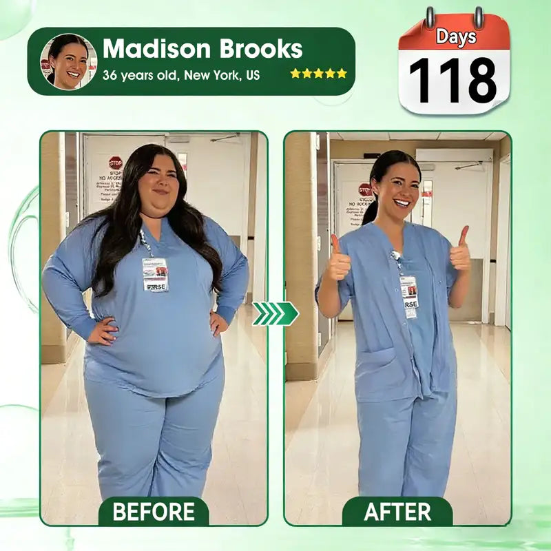 Before and after weight loss progress of Madison Brooks over 118 days using Himiyer GLP-1 Six In-One Oral Liquid. 5-star customer review and transformation.