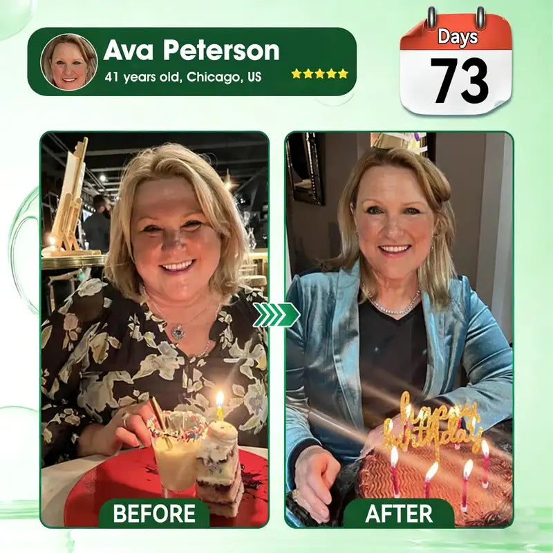 Before and after weight management transformation of Ava Peterson over 73 days using Himiyer GLP-1 supplement. 5-star customer review.
